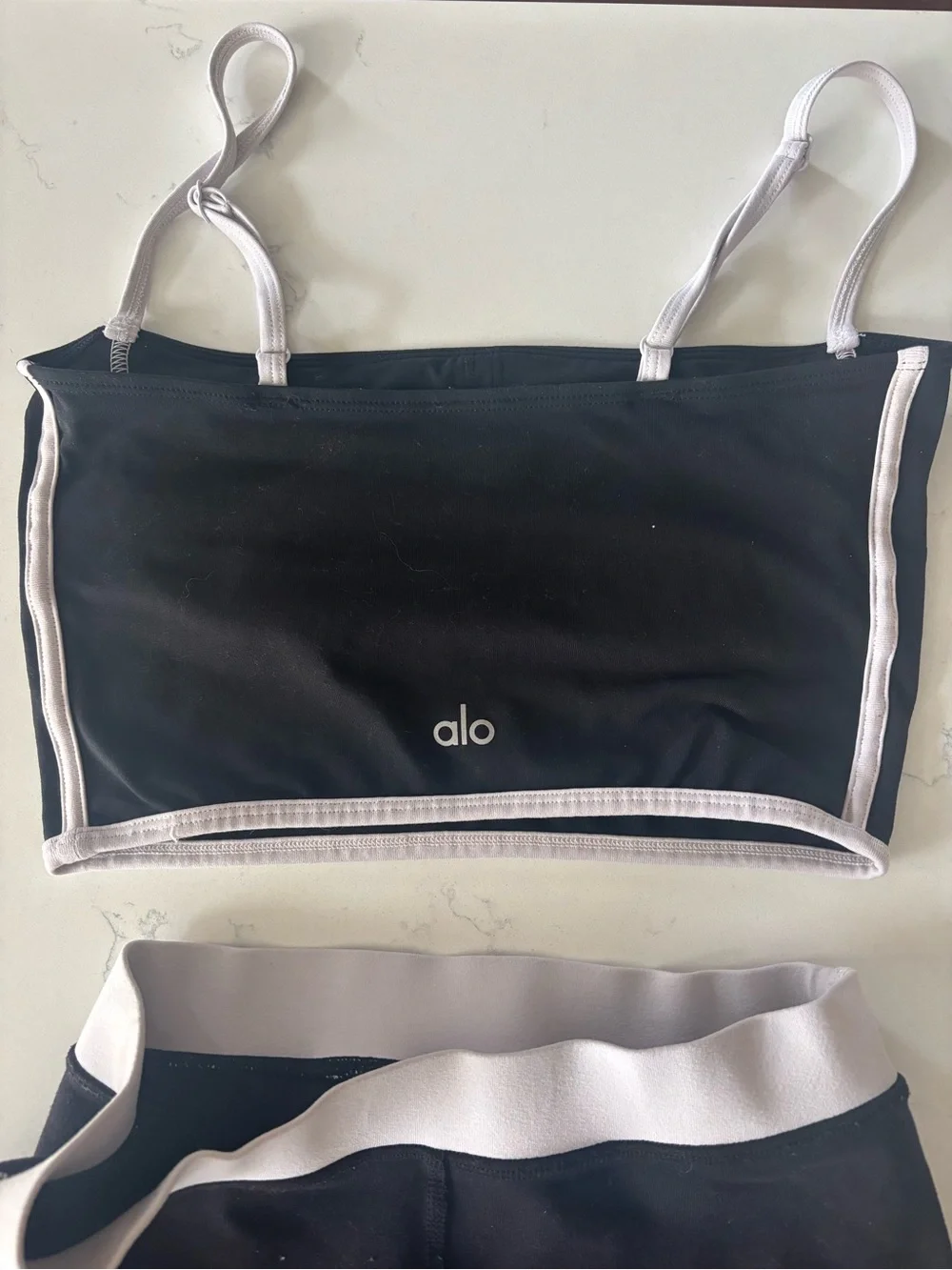 Alo Yoga airbrush black leggings and top with white side stripe set